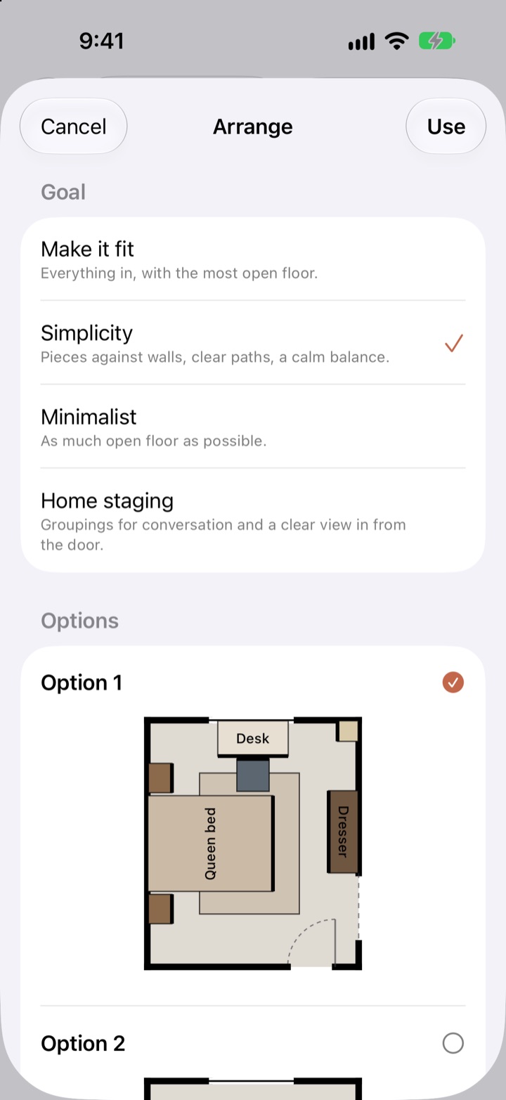 The Arrange screen: four goals, Make it fit, Simplicity, Minimalist and Home staging, with Simplicity chosen, and the first option drawn as a plan, the nightstands beside the bed and the chair at the desk.