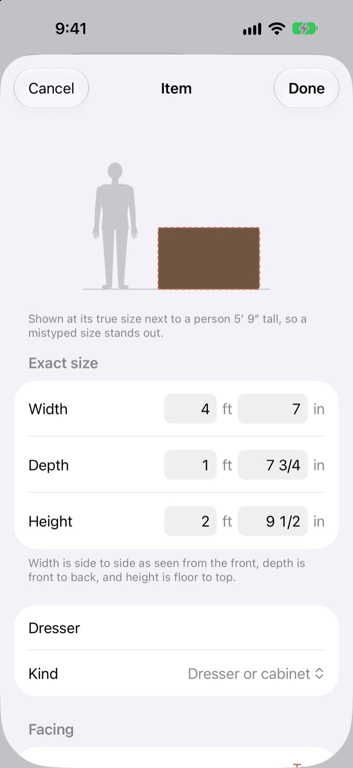 A dresser's details: the dresser drawn at true size beside a person 5 feet 9 inches tall, and its width, depth and height in feet and inches.
